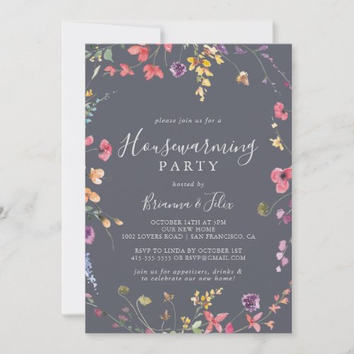 Classic Blue Wild Floral Housewarming Party Invitation
