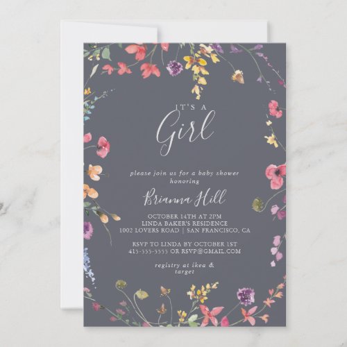 Classic Blue Wild Floral Its A Girl Baby Shower  Invitation