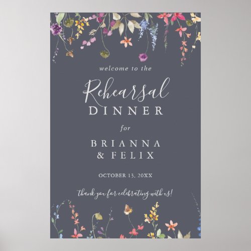 Classic Blue Wild Floral Rehearsal Dinner Welcome  Poster