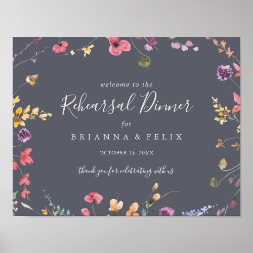 Classic Blue Wild Floral Rehearsal Dinner Welcome  Poster