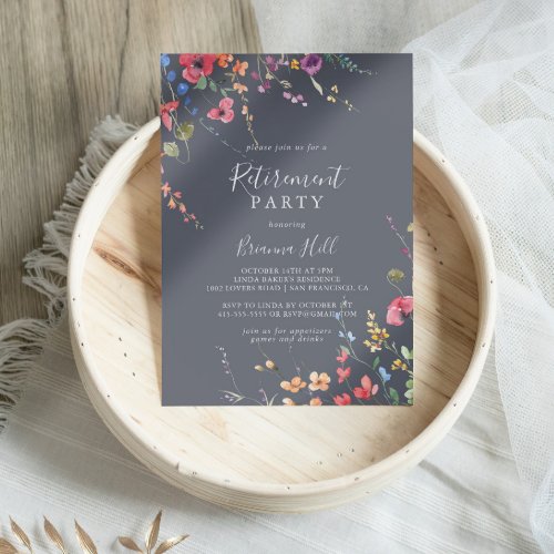 Classic Blue Wild Floral Retirement Party  Invitation