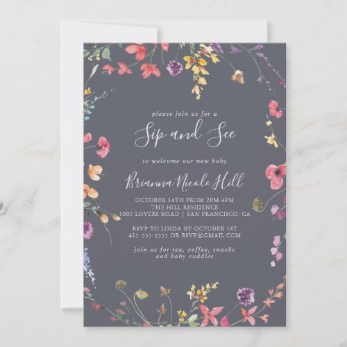 Classic Blue Wild Floral Sip and See   Invitation