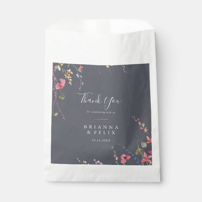 Classic Blue Wild Floral Thank You Wedding  Favor Bag (Front)