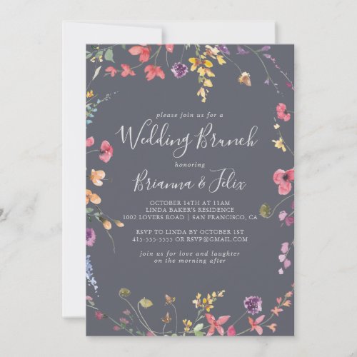 Classic Blue Wild Floral Wedding Brunch  Invitation