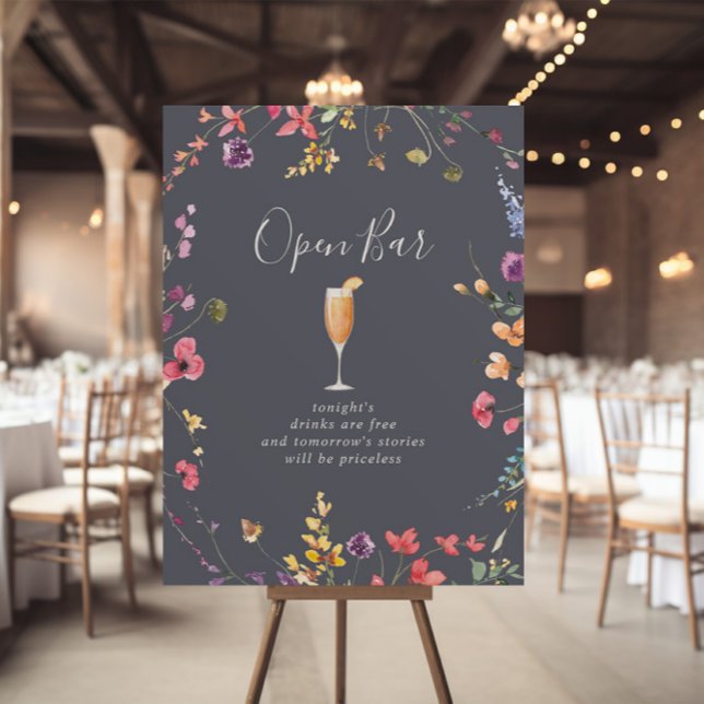 Classic Blue Wild Floral Wedding Open Bar Sign (Creator Uploaded)