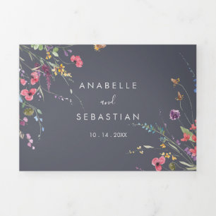 Classic Blue Wild Floral Wedding  Tri-Fold Invitation