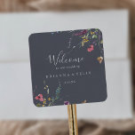 Classic Blue Wild Floral Wedding Welcome  Square Sticker<br><div class="desc">This classic blue wild floral wedding welcome square sticker is perfect for a rustic wedding. The design features a yellow,  purple,  white wild flowers with foliage in a rose and green watercolor background.

These labels are perfect for hotel guest welcome bags and destination weddings.</div>