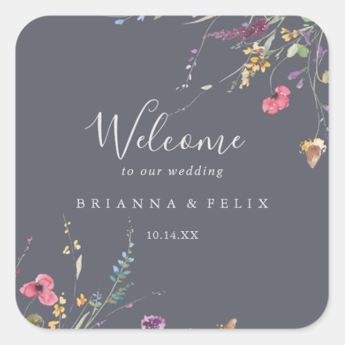 Classic Blue Wild Floral Wedding Welcome  Square Sticker