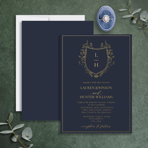 Classic Blue Wildflower Monogram Crest Wedding Foil Invitation