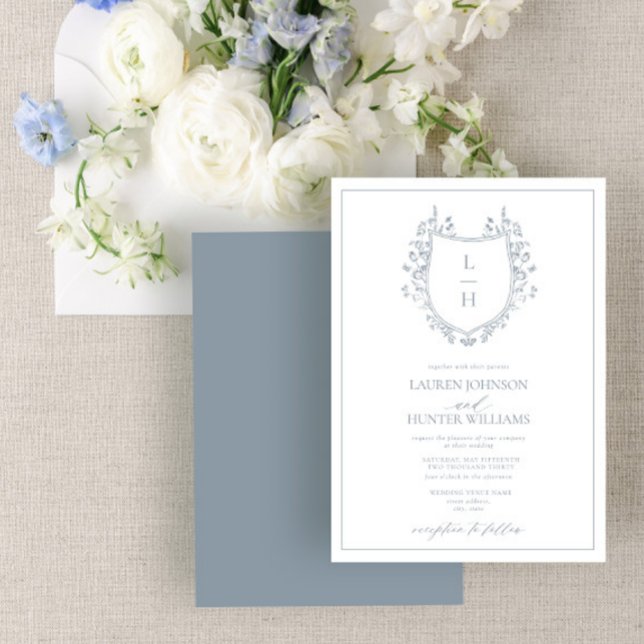 Classic Blue Wildflower Monogram Crest Wedding Invitation (Creator Uploaded)