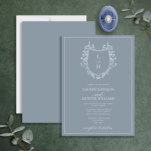 Classic Blue Wildflower Monogram Crest Wedding Invitation