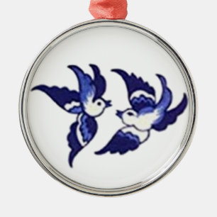 Classic Blue Willow Bird Design Metal Ornament