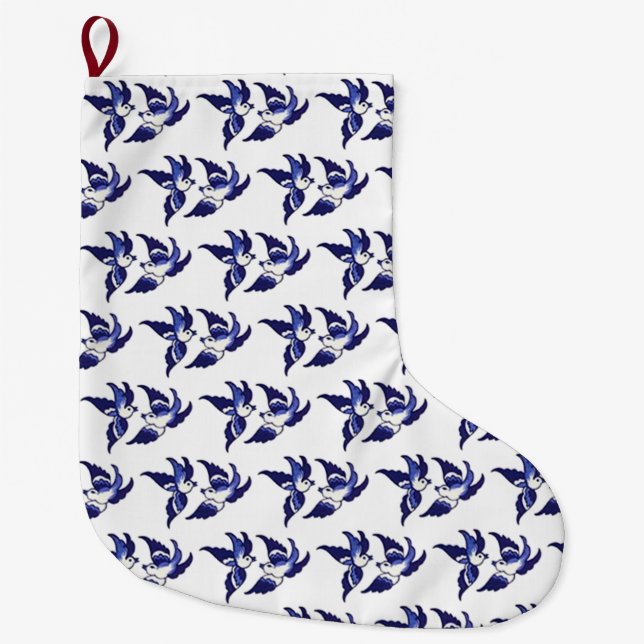 Classic Blue Willow Birds Design Large Christmas Stocking (Front)