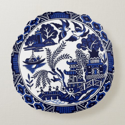 Classic Blue Willow China Design Round Pillow