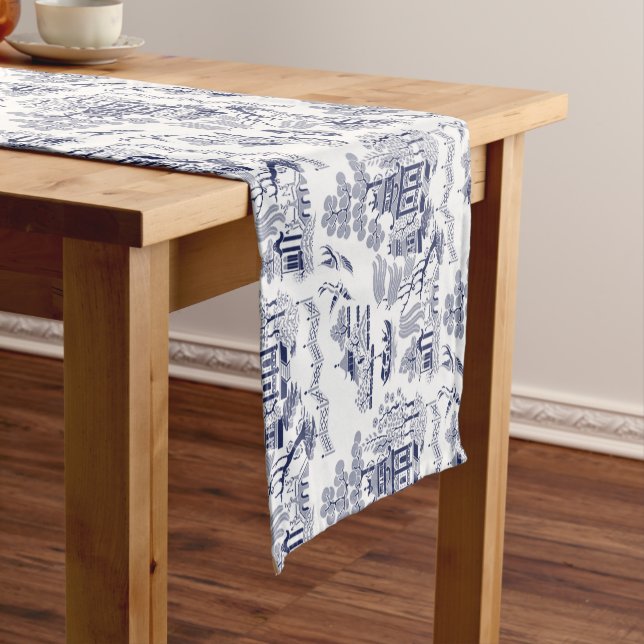 Classic Blue Willow China Design Short Table Runner (In Situ)