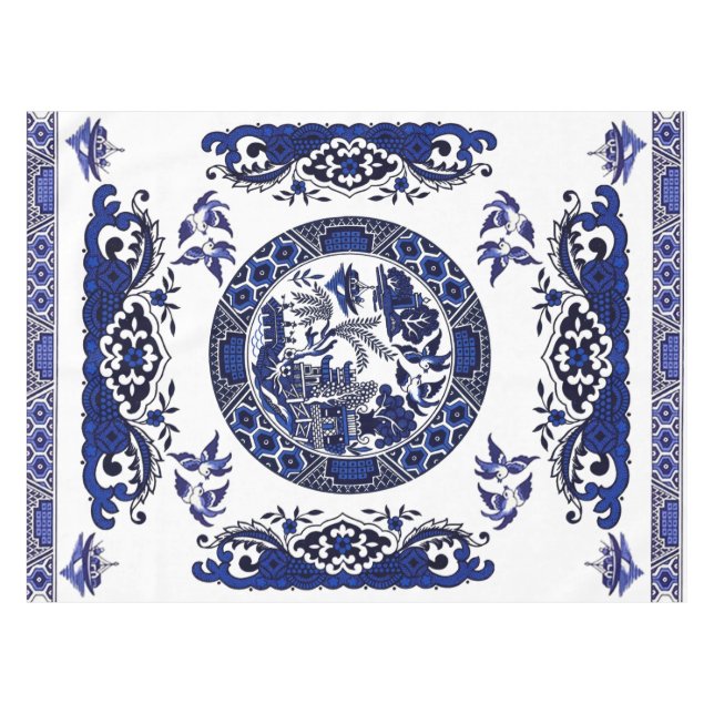 Classic Blue Willow China Design Tablecloth (Front (Horizontal))