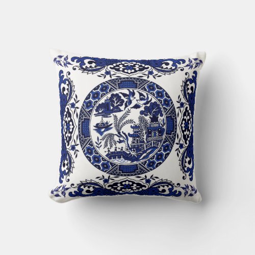 Classic Blue Willow China Design Throw Pillow