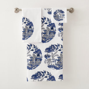 Classic Blue Willow Design Bath Towel Set