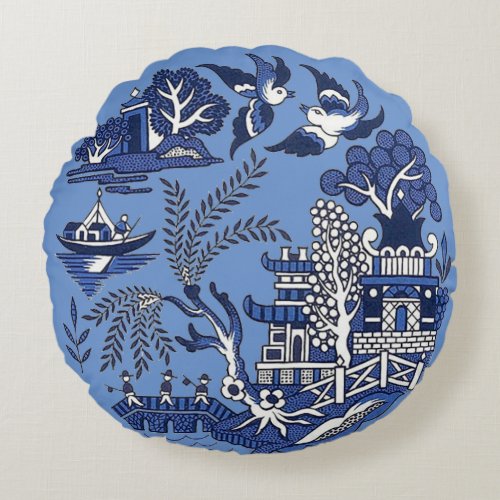 Classic Blue Willow Design Round Pillow