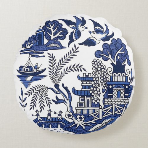 Classic Blue Willow Design Round Pillow