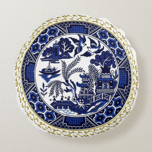 Classic Blue Willow Design Round Pillow