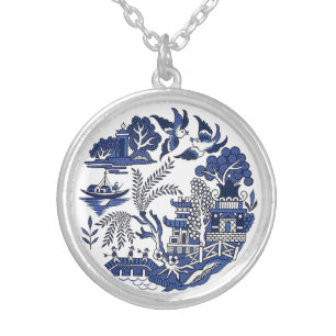 Classic Blue Willow Design Silver Plated Necklace