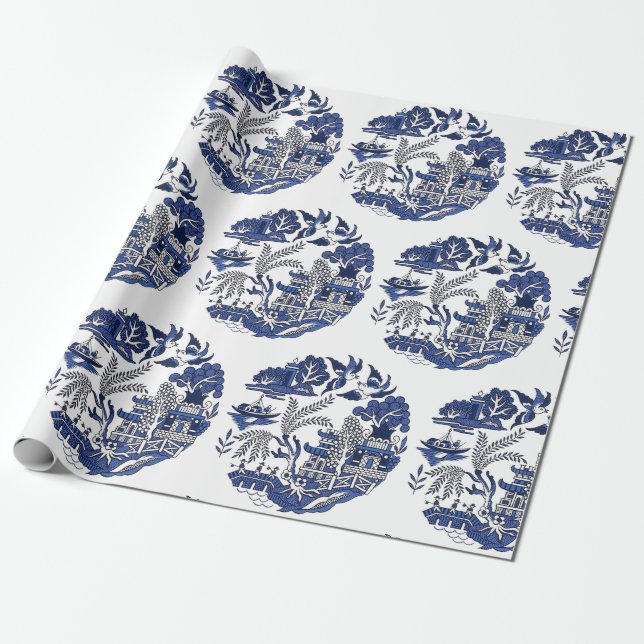 Classic Blue Willow Design Wrapping Paper (Unrolled)