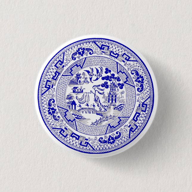 Classic Blue Willow Plate Design Button (Front)