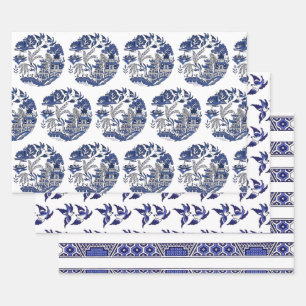 Classic Blue Willow Scene Stripe & Birds Wrapping Paper Sheets