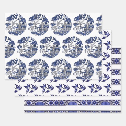 Classic Blue Willow Scene Stripe  Birds Wrapping Paper Sheets