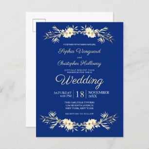 Classic Blue Winter Floral Winter Wheat Wedding In Invitation Postcard