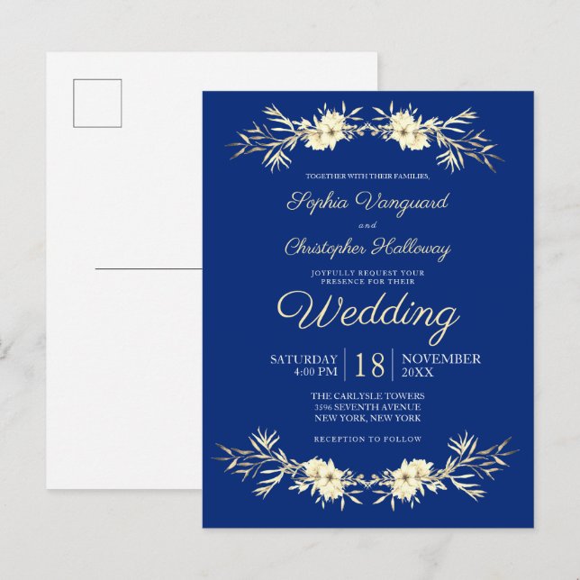 Classic Blue Winter Floral Winter Wheat Wedding In Invitation Postcard (Front/Back)