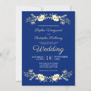 Classic Blue Winter Floral Winter Wheat Wedding Invitation