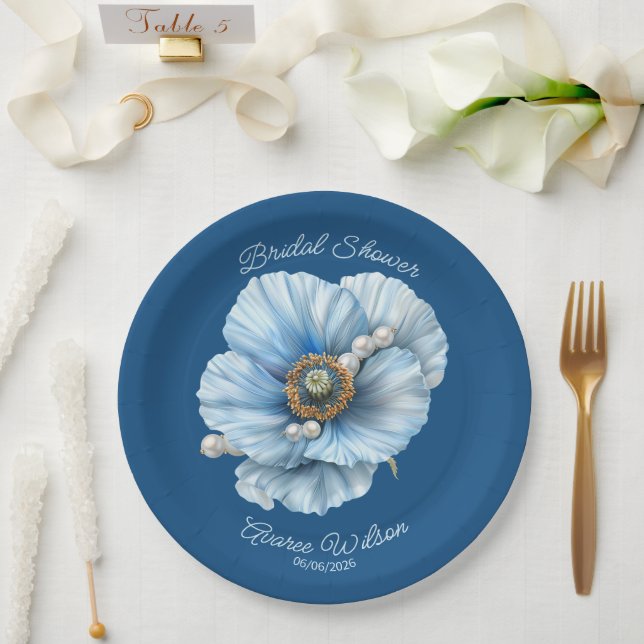 Classic Blue with Giant Blue Poppy Bridal Shower Paper Plates (Wedding)