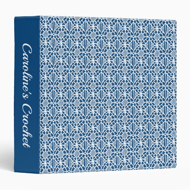 Classic Blue With White Crochet Lace Pattern 3 Ring Binder (Front/Spine)