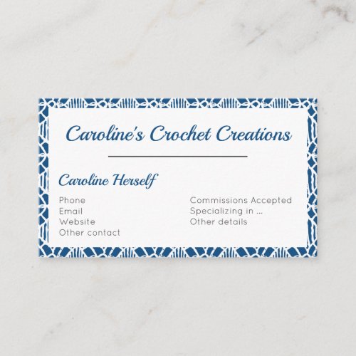 Classic Blue With White Crochet Lace Pattern Business Card