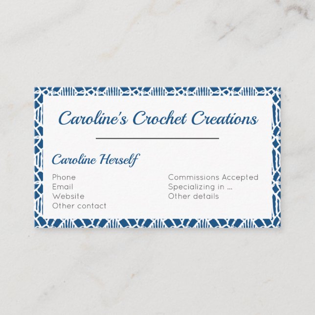 Classic Blue With White Crochet Lace Pattern Business Card (Front)