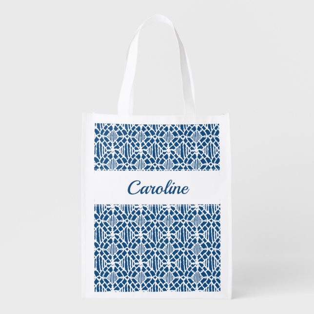 Classic Blue With White Crochet Lace Pattern Grocery Bag (Front)