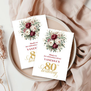 Classic Blush Burgundy 80th Birthday Thank You  Card