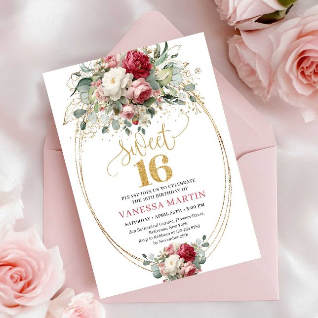 Classic Blush Burgundy White Sweet Sixteen Invite (Classic Blush Burgundy White Sweet Sixteen Invitation)