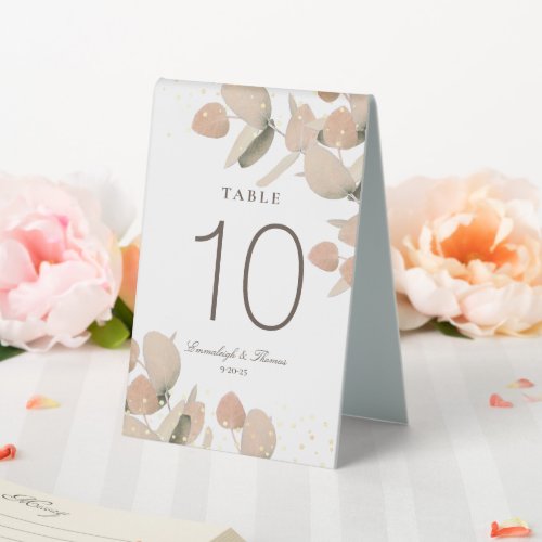 Classic Blush Eucalyptus Glitter Wedding Table Tent Sign