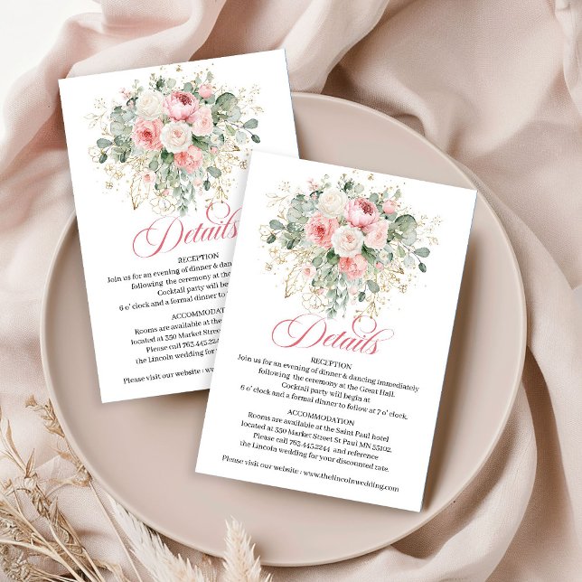 Classic Blush Greenery Gold Wedding Details Card (Classic Blush Greenery Gold Wedding Details Card)