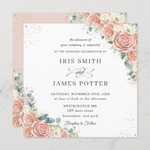 Classic Blush Peach Ivory Floral Wedding Square  Invitation