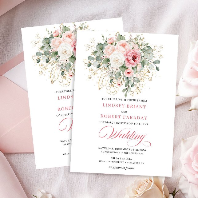 Classic Blush Peonies Gold Floral Wedding Invites (Classic Blush Peonies Gold Floral Wedding Invitation)