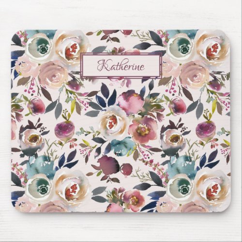 Classic Blush Pink Dusty Blue  Sage Green Roses Mouse Pad