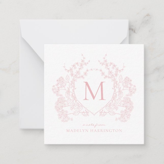 Classic Blush Pink Floral Crest Monogram Note Card (Front)
