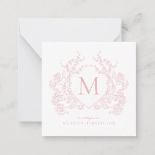 Classic Blush Pink Floral Crest Monogram Note Card