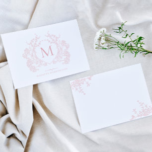 Classic Blush Pink Floral Crest Monogram Note Card