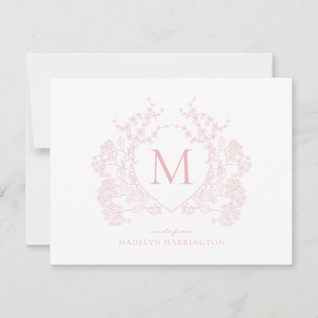 Classic Blush Pink Floral Crest Monogram Note Card (Front)