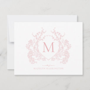 Classic Blush Pink Floral Crest Monogram Note Card